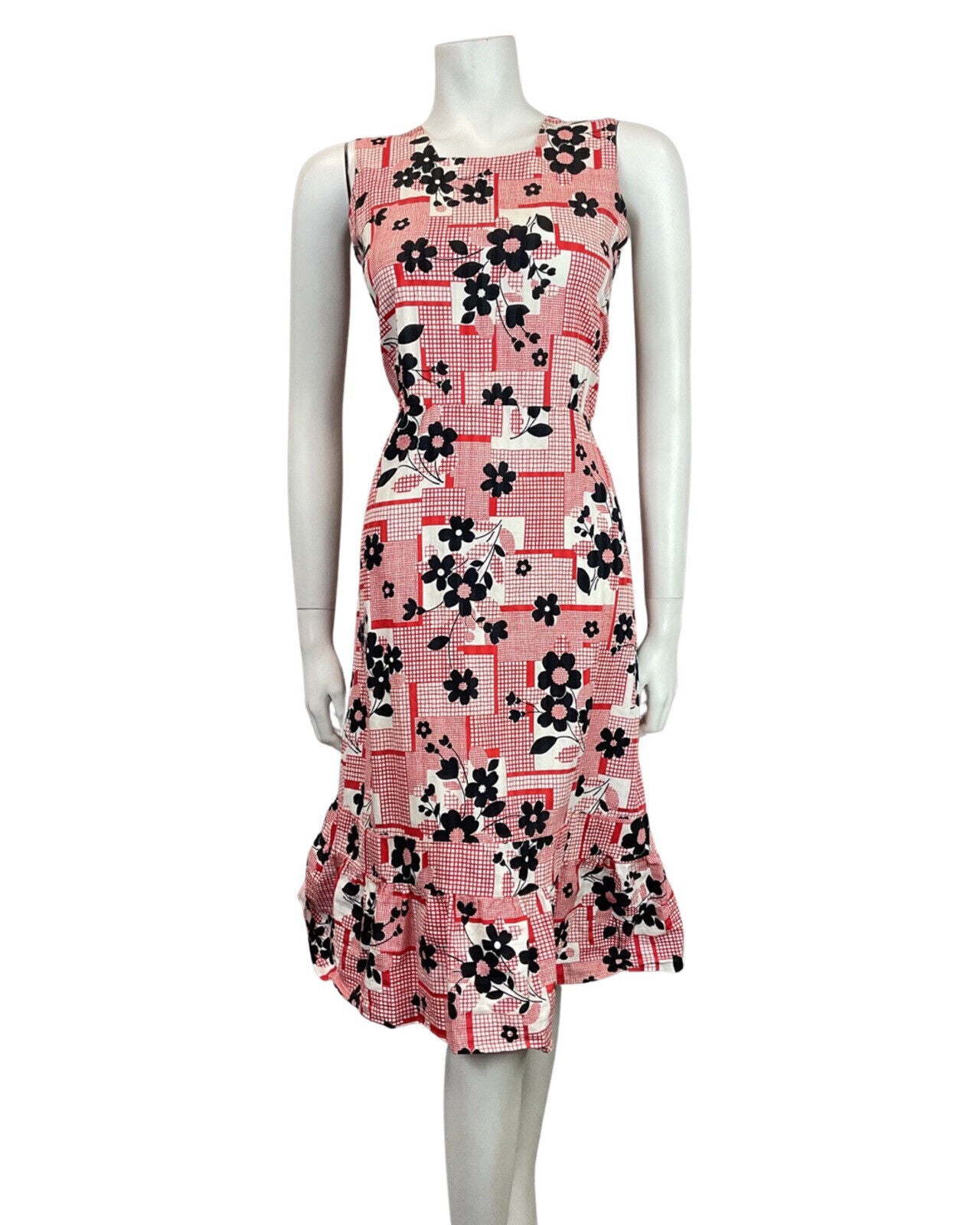 VINTAGE 60s 70s RED BLACK WHITE CHECKED DAISY FLOWER SLEEVELESS SUMMER DRESS 8