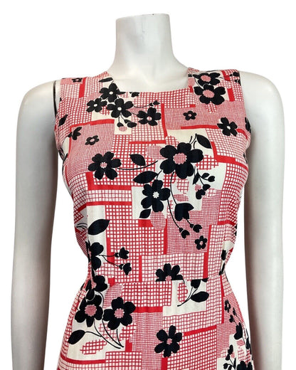 VINTAGE 60s 70s RED BLACK WHITE CHECKED DAISY FLOWER SLEEVELESS SUMMER DRESS 8