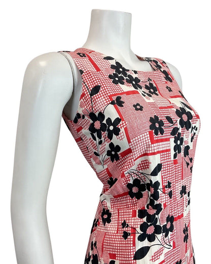 VINTAGE 60s 70s RED BLACK WHITE CHECKED DAISY FLOWER SLEEVELESS SUMMER DRESS 8