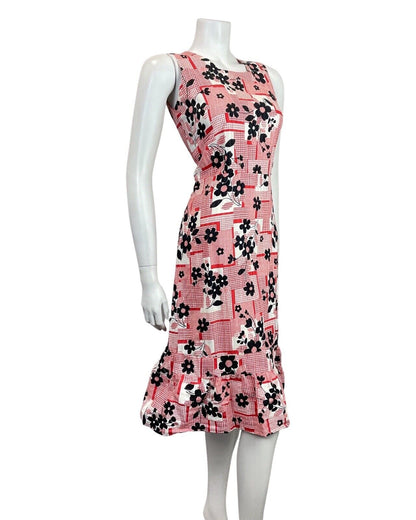 VINTAGE 60s 70s RED BLACK WHITE CHECKED DAISY FLOWER SLEEVELESS SUMMER DRESS 8