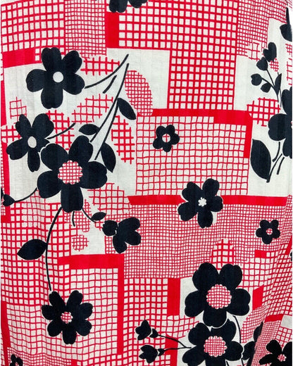 VINTAGE 60s 70s RED BLACK WHITE CHECKED DAISY FLOWER SLEEVELESS SUMMER DRESS 8