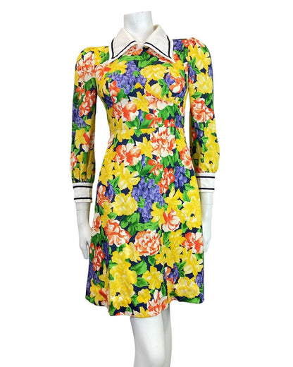 VINTAGE 60s 70s YELLOW BLUE RED FLORAL ROSE DAGGER SHIRT SWING DRESS 6 8