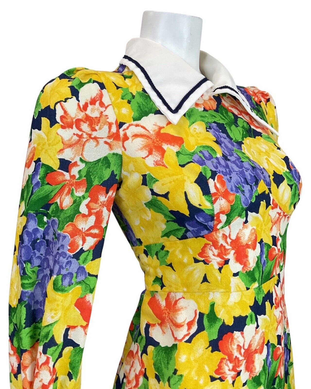 VINTAGE 60s 70s YELLOW BLUE RED FLORAL ROSE DAGGER SHIRT SWING DRESS 6 8