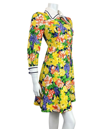 VINTAGE 60s 70s YELLOW BLUE RED FLORAL ROSE DAGGER SHIRT SWING DRESS 6 8
