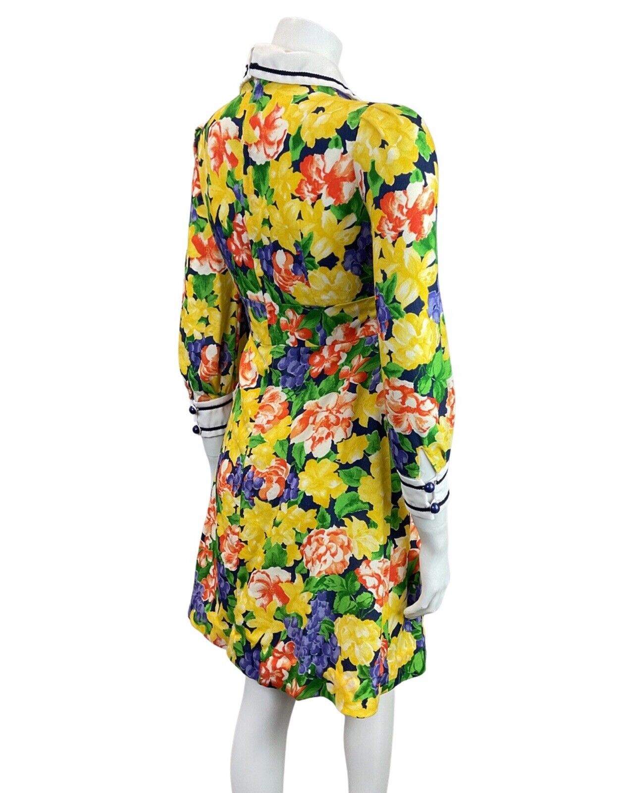 VINTAGE 60s 70s YELLOW BLUE RED FLORAL ROSE DAGGER SHIRT SWING DRESS 6 8