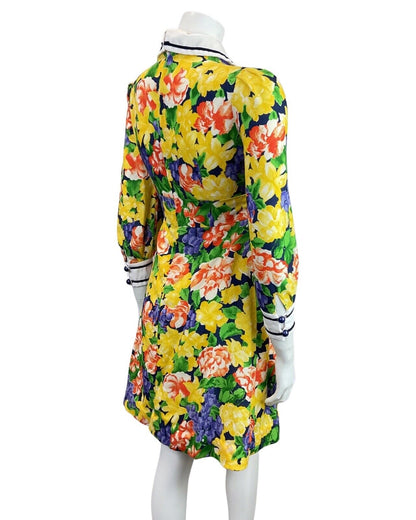 VINTAGE 60s 70s YELLOW BLUE RED FLORAL ROSE DAGGER SHIRT SWING DRESS 6 8
