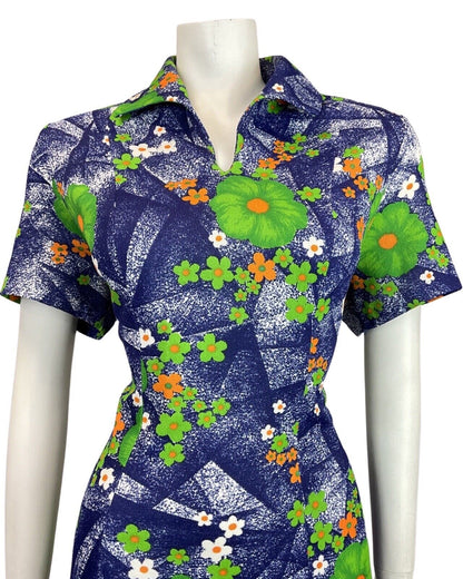 VINTAGE 60s 70s BLUE GREEN ORANGE FLORAL DAISY WING COLLAR MOD SHIRT DRESS 16