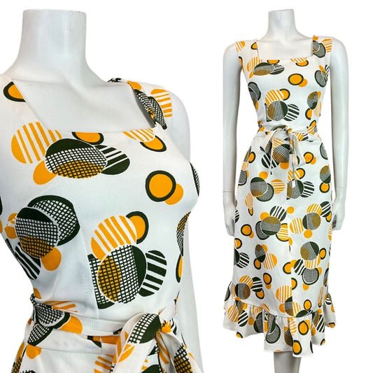 VINTAGE 60s 70s WHITE GREEN YELLOW GEOMETRIC MOD SLEEVELESS SUMMER DRESS 8 10