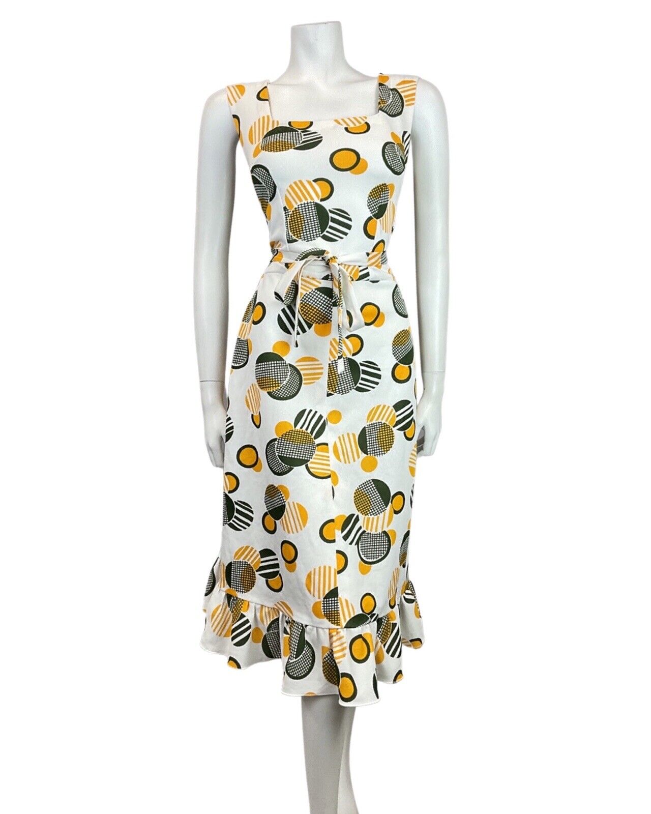 VINTAGE 60s 70s WHITE GREEN YELLOW GEOMETRIC MOD SLEEVELESS SUMMER DRESS 8 10