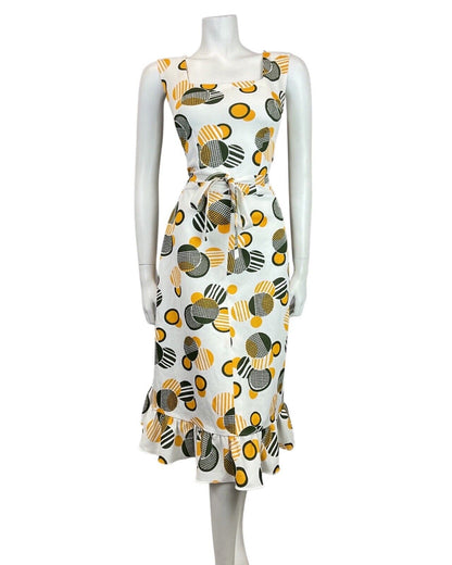VINTAGE 60s 70s WHITE GREEN YELLOW GEOMETRIC MOD SLEEVELESS SUMMER DRESS 8 10
