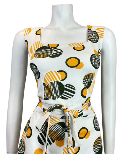 VINTAGE 60s 70s WHITE GREEN YELLOW GEOMETRIC MOD SLEEVELESS SUMMER DRESS 8 10