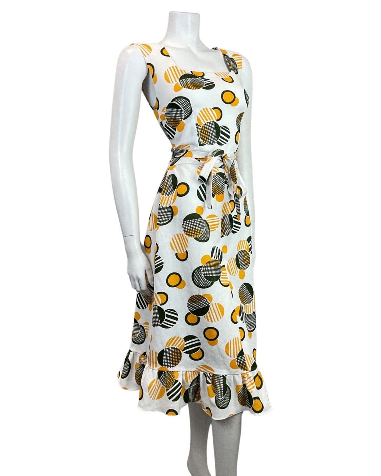 VINTAGE 60s 70s WHITE GREEN YELLOW GEOMETRIC MOD SLEEVELESS SUMMER DRESS 8 10