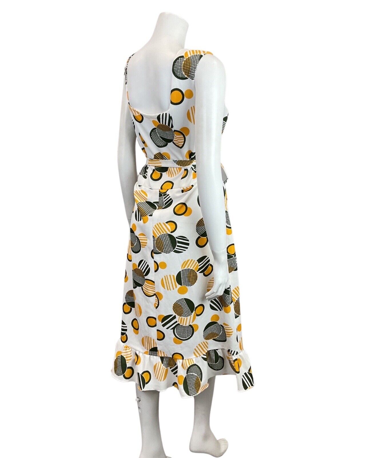 VINTAGE 60s 70s WHITE GREEN YELLOW GEOMETRIC MOD SLEEVELESS SUMMER DRESS 8 10