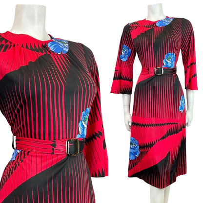 VINTAGE 60s 70s RED BLACK BLUE STRIPED ROSE BELTED SWING DRESS 10 12