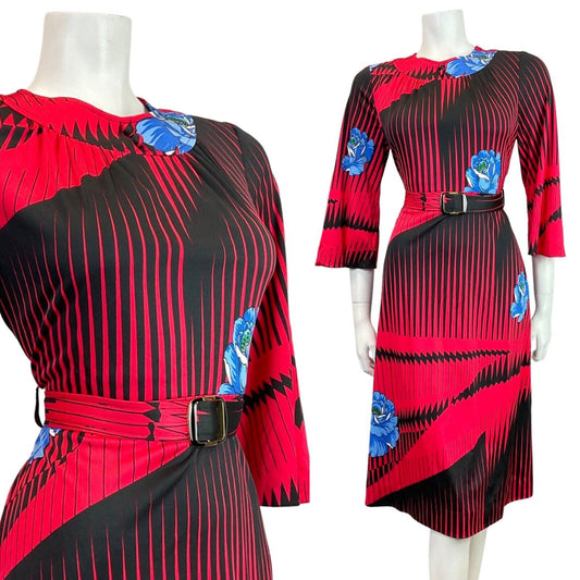 VINTAGE 60s 70s RED BLACK BLUE STRIPED ROSE BELTED SWING DRESS 10 12