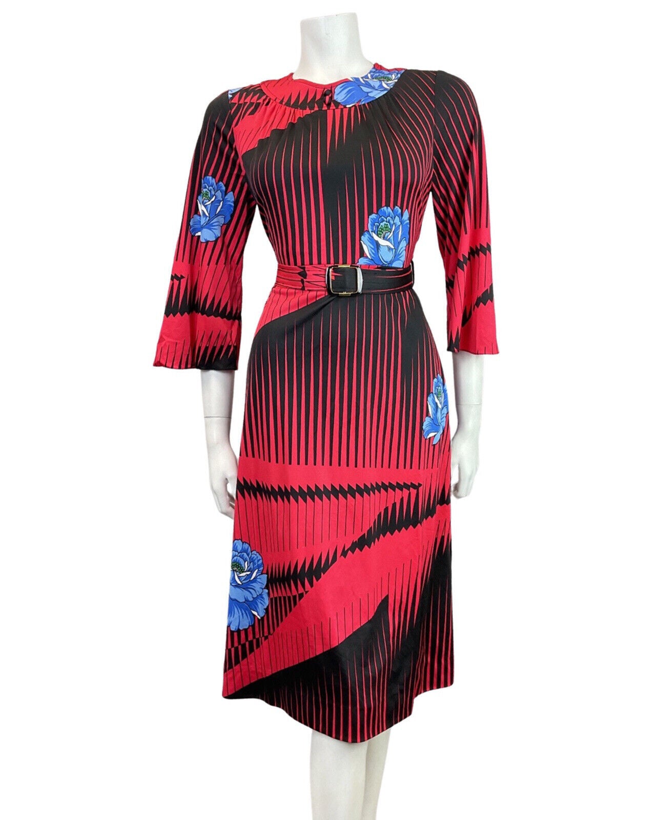 VINTAGE 60s 70s RED BLACK BLUE STRIPED ROSE BELTED SWING DRESS 10 12