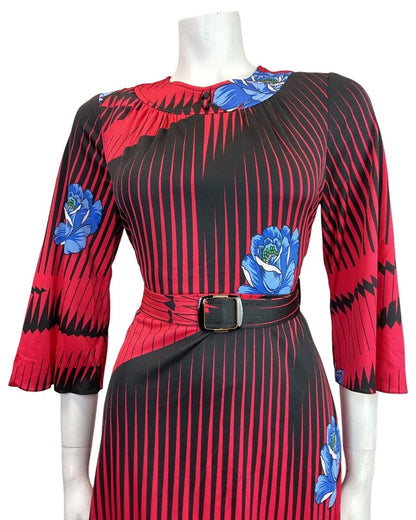 VINTAGE 60s 70s RED BLACK BLUE STRIPED ROSE BELTED SWING DRESS 10 12