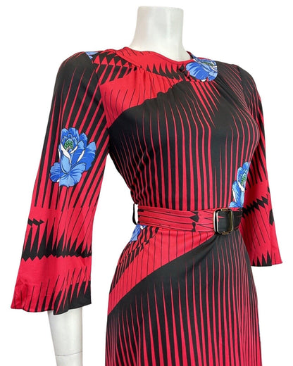 VINTAGE 60s 70s RED BLACK BLUE STRIPED ROSE BELTED SWING DRESS 10 12