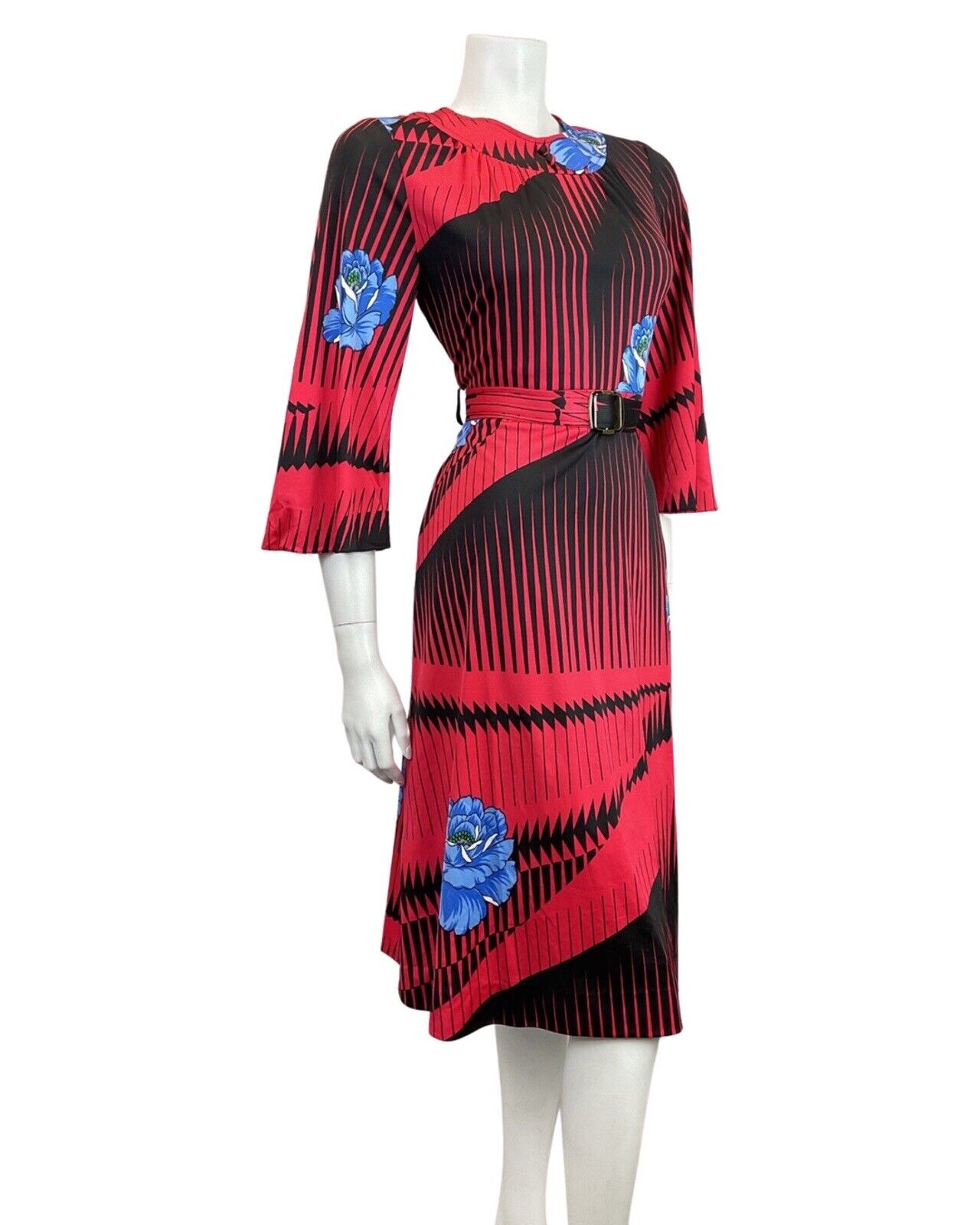 VINTAGE 60s 70s RED BLACK BLUE STRIPED ROSE BELTED SWING DRESS 10 12