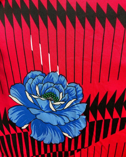 VINTAGE 60s 70s RED BLACK BLUE STRIPED ROSE BELTED SWING DRESS 10 12