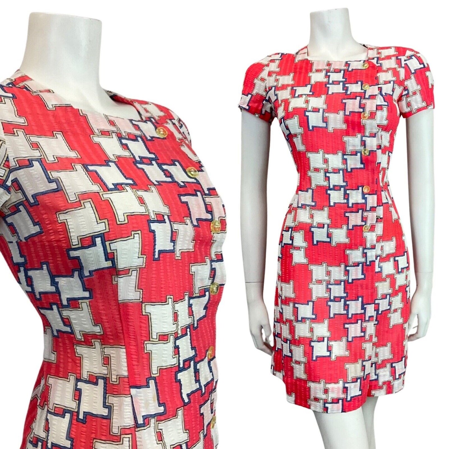 VINTAGE 60s 70s RED BLUE WHITE GEOMETRIC MOD SUMMER SHORT DRESS 8 10