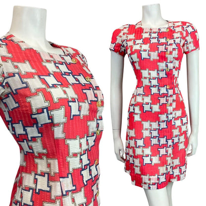 VINTAGE 60s 70s RED BLUE WHITE GEOMETRIC MOD SUMMER SHORT DRESS 8 10