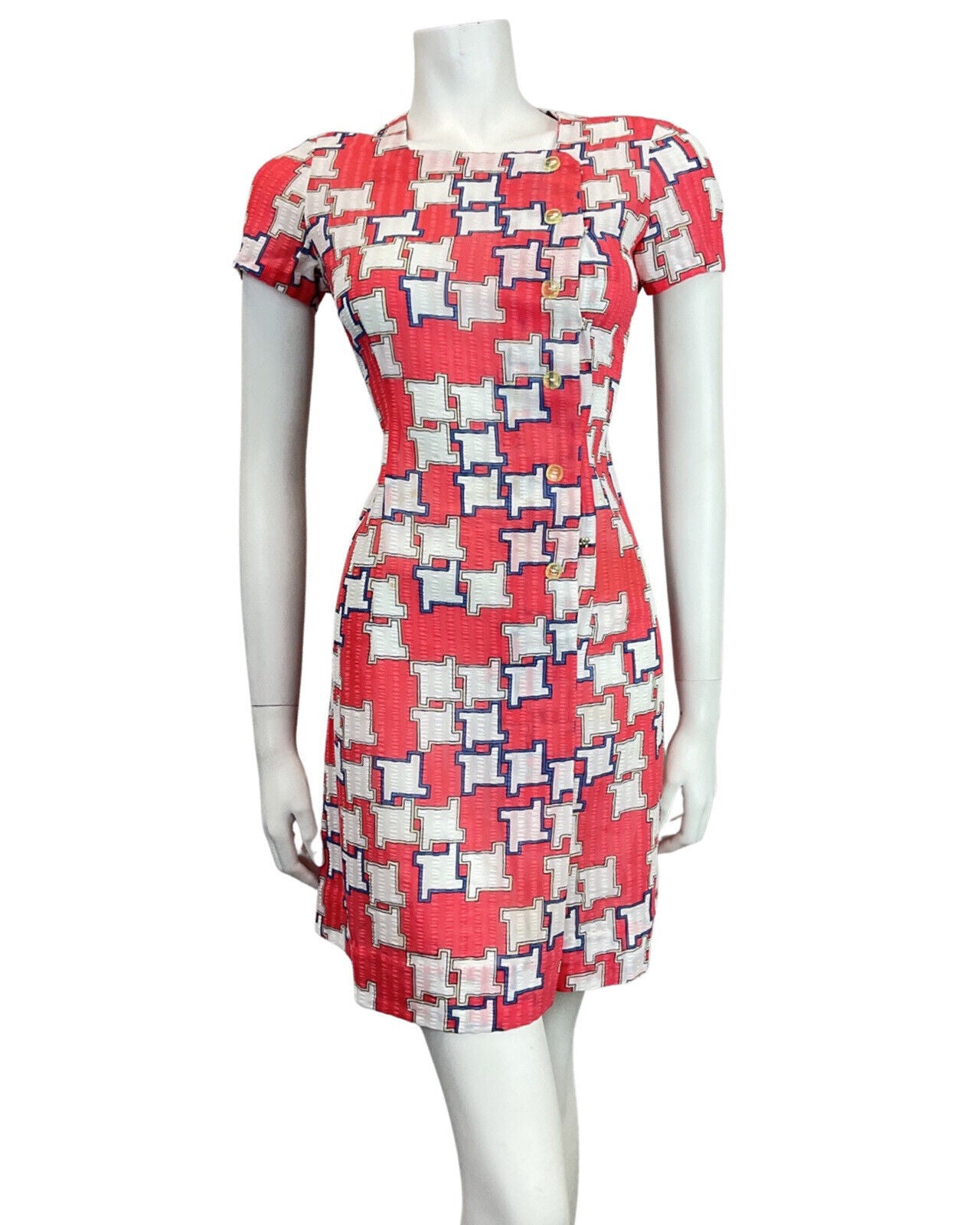 VINTAGE 60s 70s RED BLUE WHITE GEOMETRIC MOD SUMMER SHORT DRESS 8 10