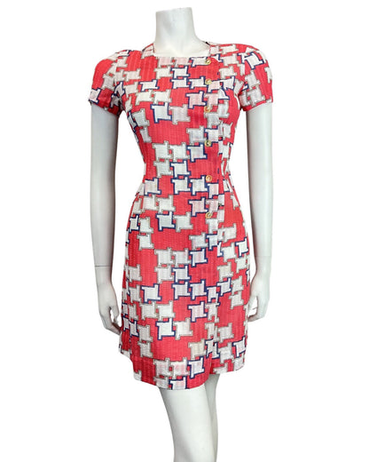 VINTAGE 60s 70s RED BLUE WHITE GEOMETRIC MOD SUMMER SHORT DRESS 8 10