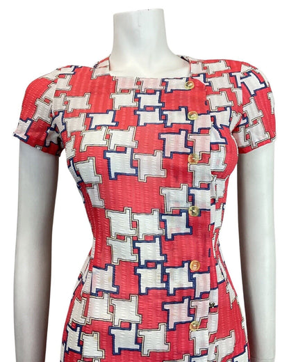 VINTAGE 60s 70s RED BLUE WHITE GEOMETRIC MOD SUMMER SHORT DRESS 8 10