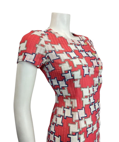 VINTAGE 60s 70s RED BLUE WHITE GEOMETRIC MOD SUMMER SHORT DRESS 8 10