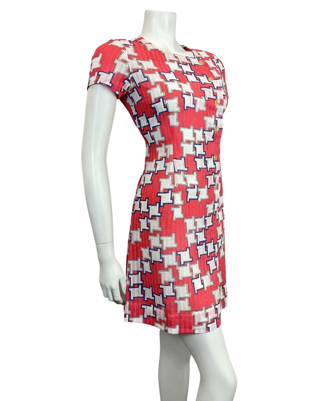 VINTAGE 60s 70s RED BLUE WHITE GEOMETRIC MOD SUMMER SHORT DRESS 8 10