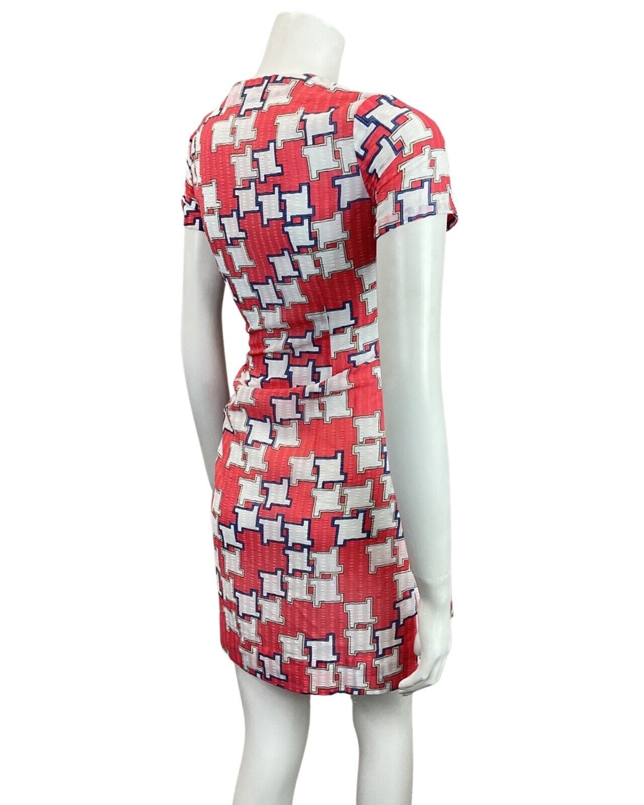 VINTAGE 60s 70s RED BLUE WHITE GEOMETRIC MOD SUMMER SHORT DRESS 8 10
