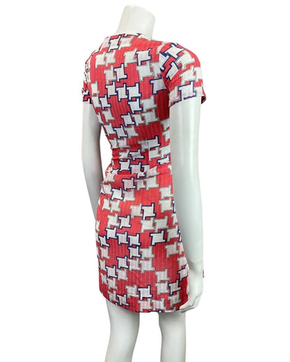 VINTAGE 60s 70s RED BLUE WHITE GEOMETRIC MOD SUMMER SHORT DRESS 8 10