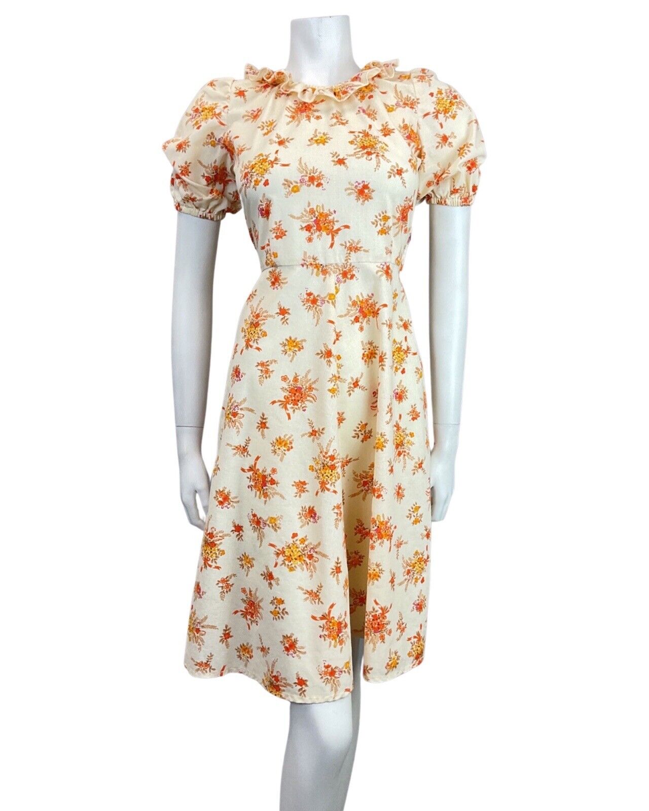 VINTAGE 60s 70s CREAM ORANGE BEIGE FLORAL BOUQUET RUFFLED BOHO SWING DRESS 8 10