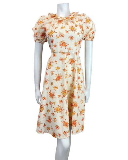 VINTAGE 60s 70s CREAM ORANGE BEIGE FLORAL BOUQUET RUFFLED BOHO SWING DRESS 8 10