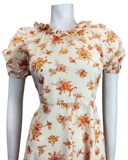 VINTAGE 60s 70s CREAM ORANGE BEIGE FLORAL BOUQUET RUFFLED BOHO SWING DRESS 8 10