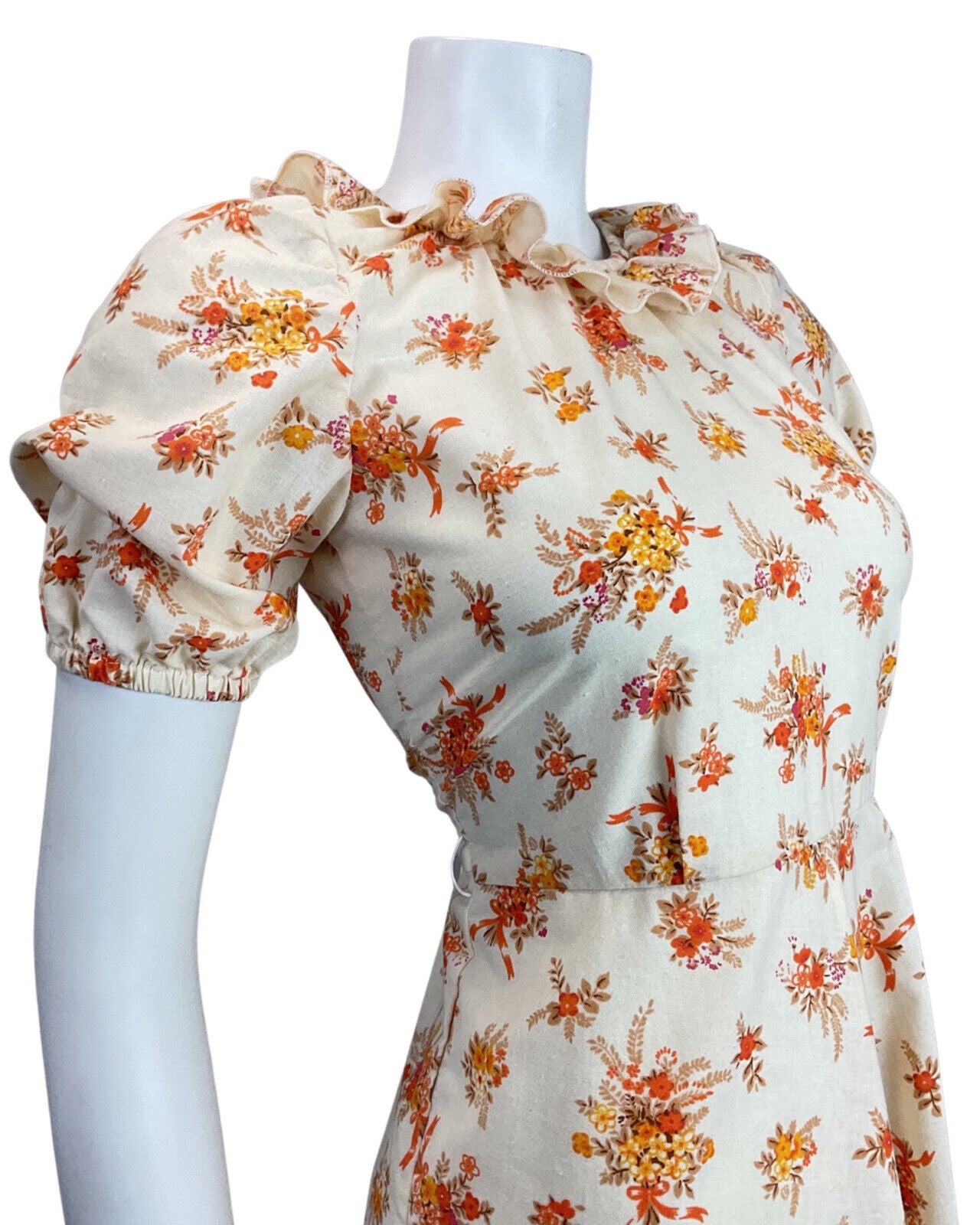 VINTAGE 60s 70s CREAM ORANGE BEIGE FLORAL BOUQUET RUFFLED BOHO SWING DRESS 8 10