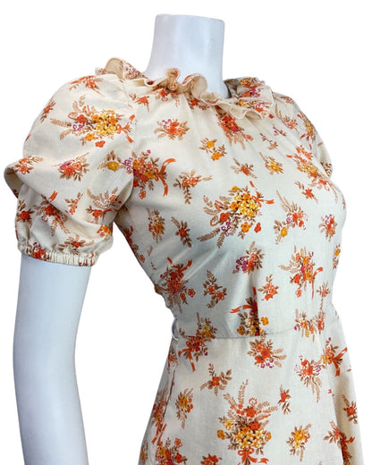 VINTAGE 60s 70s CREAM ORANGE BEIGE FLORAL BOUQUET RUFFLED BOHO SWING DRESS 8 10