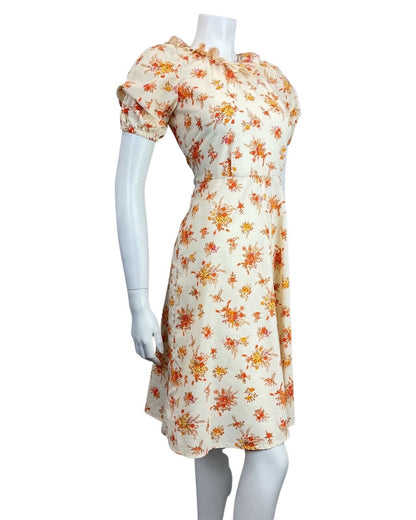 VINTAGE 60s 70s CREAM ORANGE BEIGE FLORAL BOUQUET RUFFLED BOHO SWING DRESS 8 10
