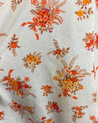 VINTAGE 60s 70s CREAM ORANGE BEIGE FLORAL BOUQUET RUFFLED BOHO SWING DRESS 8 10