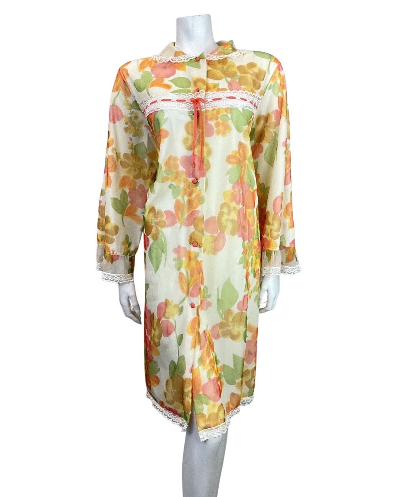 VTG 60s 70s YELLOW WHITE GREEN FLORAL LACE PETER PAN HOUSECOAT NIGHTGOWN 14 16