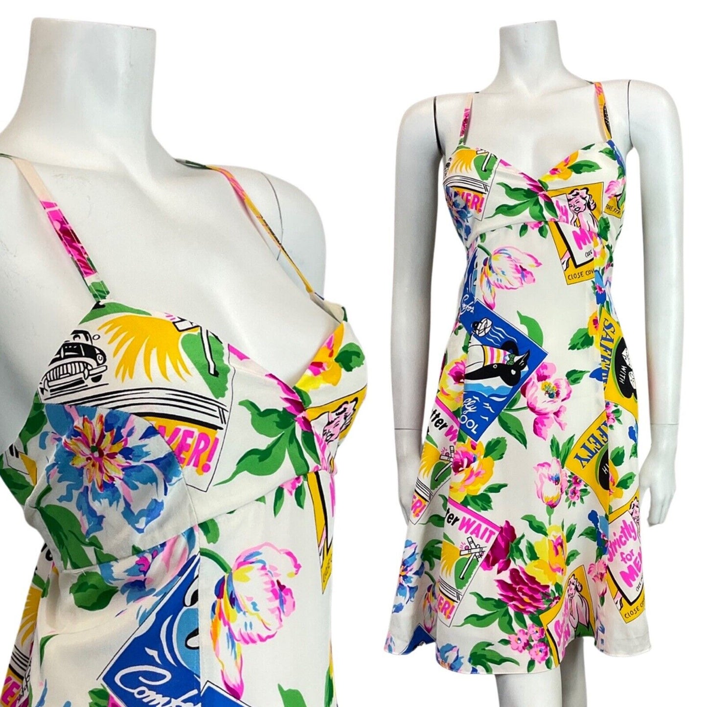 VINTAGE 60s 70s WHITE PINK GREEN FLORAL MATCHBOOK SUMMER STRAPPY SUNDRESS 10