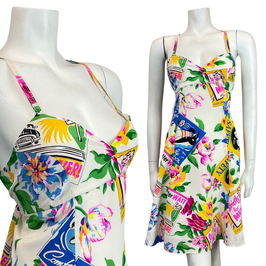 VINTAGE 60s 70s WHITE PINK GREEN FLORAL MATCHBOOK SUMMER STRAPPY SUNDRESS 10