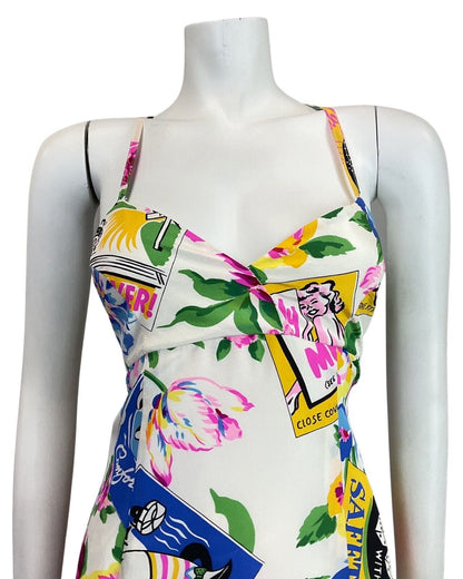 VINTAGE 60s 70s WHITE PINK GREEN FLORAL MATCHBOOK SUMMER STRAPPY SUNDRESS 10