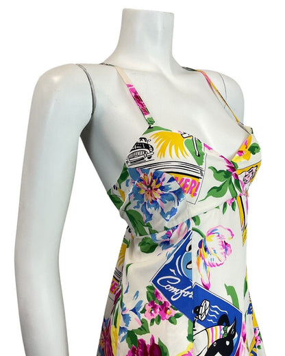 VINTAGE 60s 70s WHITE PINK GREEN FLORAL MATCHBOOK SUMMER STRAPPY SUNDRESS 10