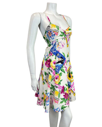 VINTAGE 60s 70s WHITE PINK GREEN FLORAL MATCHBOOK SUMMER STRAPPY SUNDRESS 10