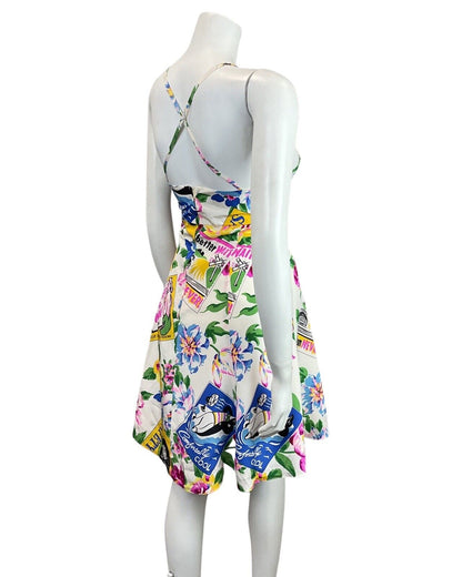 VINTAGE 60s 70s WHITE PINK GREEN FLORAL MATCHBOOK SUMMER STRAPPY SUNDRESS 10
