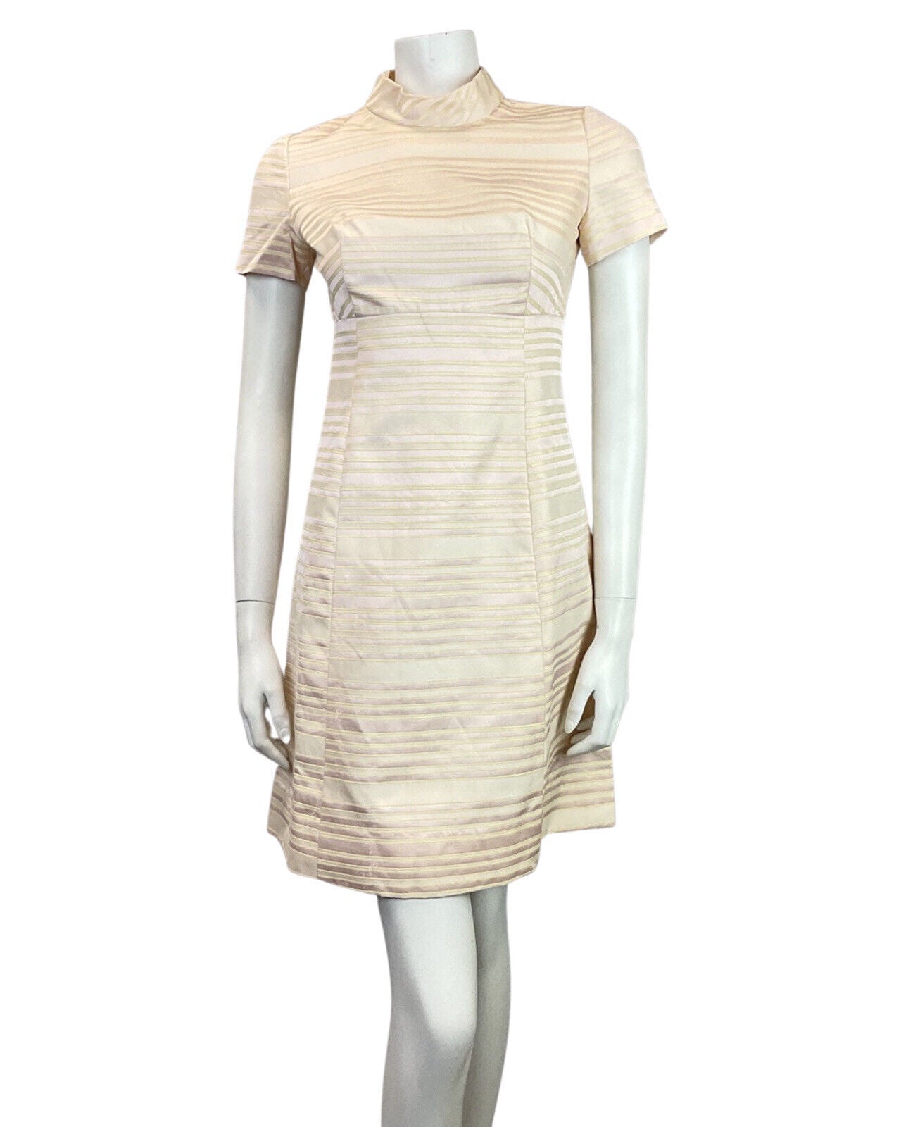 VINTAGE 60s 70s BABY PINK CREAM STRIPED MOD EMPIRE LINE SHORT DRESS 8