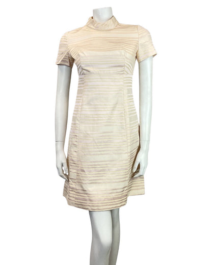 VINTAGE 60s 70s BABY PINK CREAM STRIPED MOD EMPIRE LINE SHORT DRESS 8