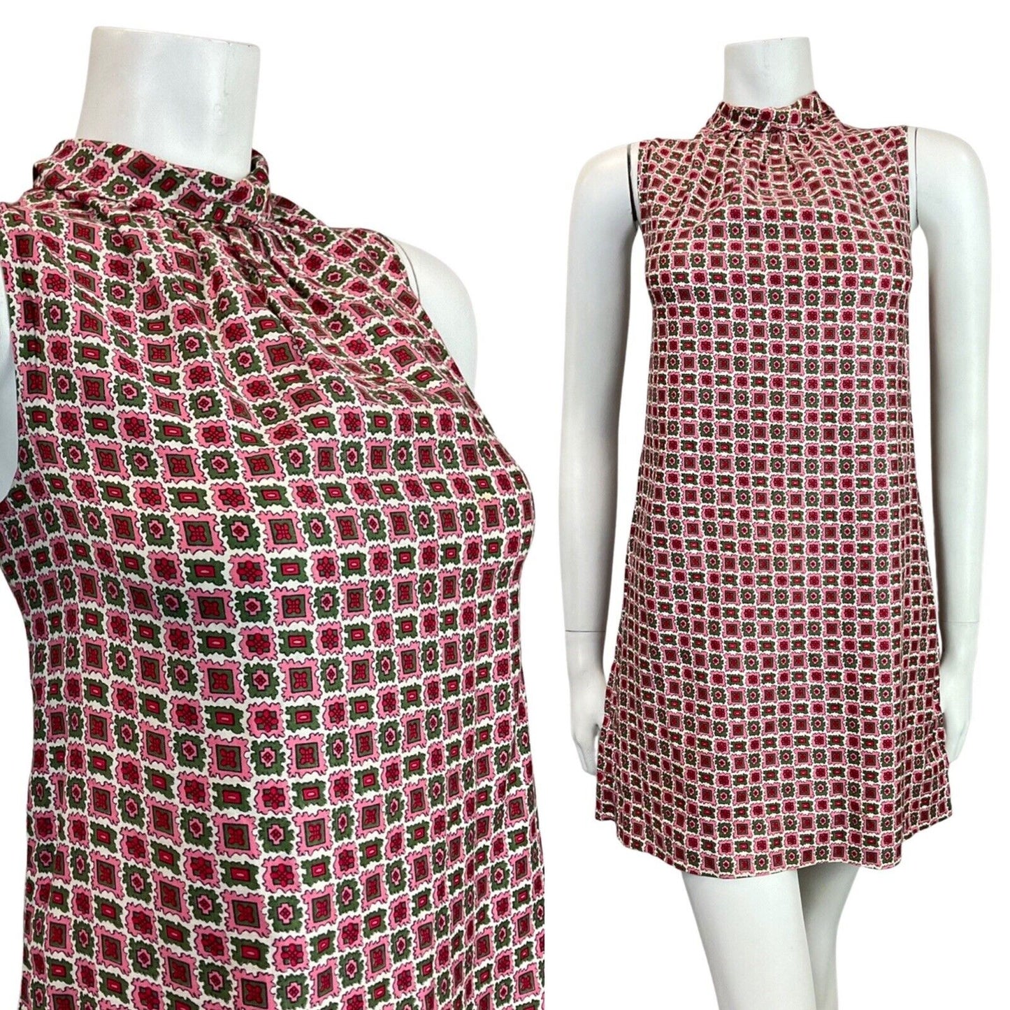VINTAGE 60s 70s PINK GREEN RED GEOMETRIC MOD SLEEVELESS TENT SHIFT DRESS 10 12